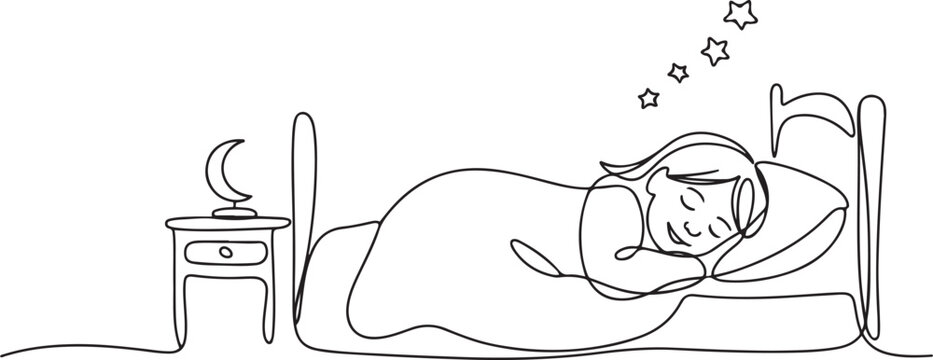 Single continuous line drawing cute girl sleeping on tonight dreams, good night and sweet dreams. Happy little child sleep in bed room. Kid sleeping. one line Icon drawing