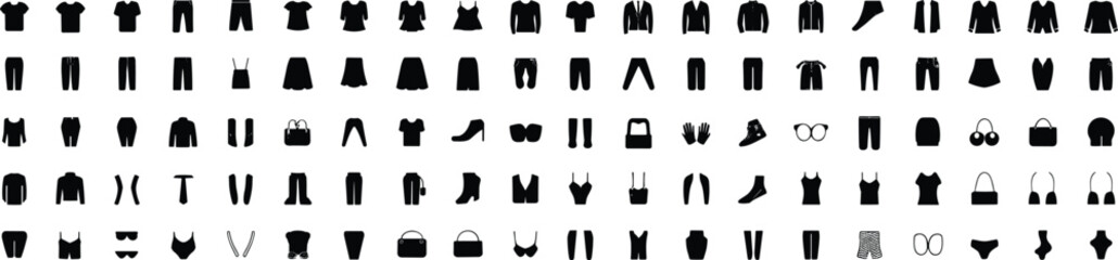 Fototapeta premium Collection of black clothing and accessory icons arranged in rows on a white background clothing icons