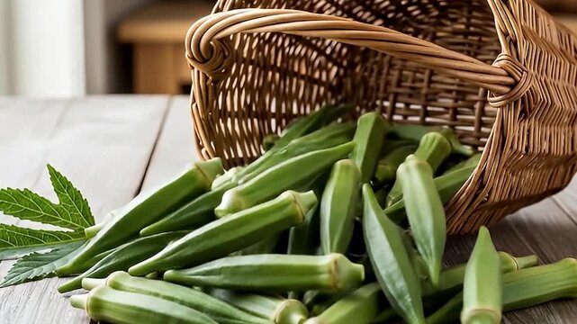 A generous bounty of vibrant green okra pods spills abundantly from a rustic wicker basket onto a textured wooden tabletop, creating an inviting scene of freshness and wholesome produce. The close-up 