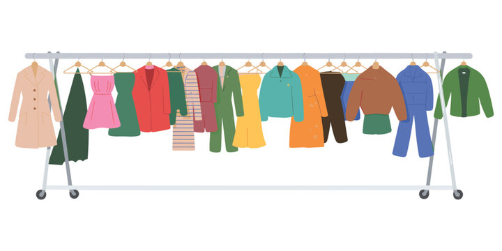 Clothing Rack with Assorted Jackets, Dresses, and Pants vector illustration