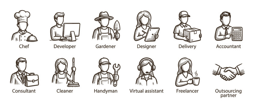 Hand-drawn sketch icon set of various professions and services like chef, developer, and designer, illustrating different job, employment, and outsourcing concepts isolated on white
