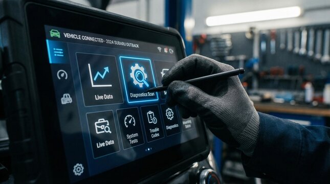 A mechanic using diagnostic equipment for automotive maintenance.