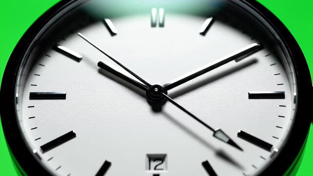 Close-up of a modern watch face with a bright green background
