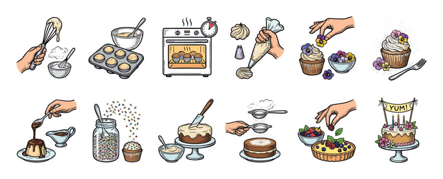 Set of hand-drawn baking illustrations showing the process of making cakes, cupcakes, and tarts from mixing ingredients to decorating the final dessert, isolated on a white background