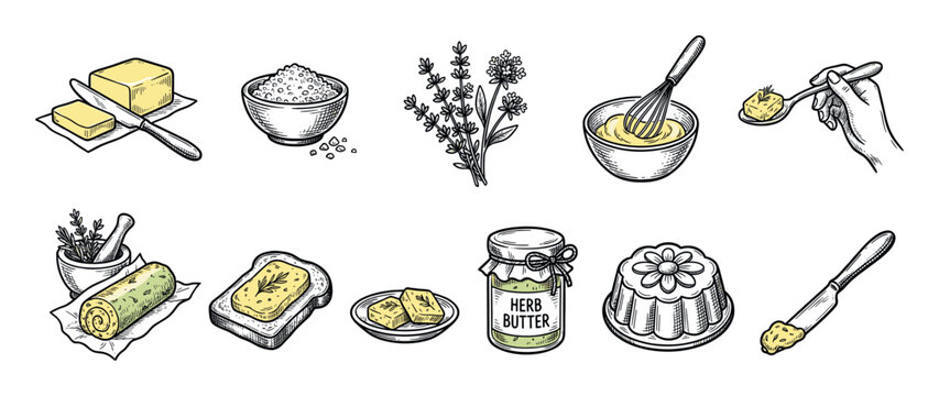 Hand drawn butter and herbs illustration set in a vintage sketch style showing various cooking ingredients and utensils like salt, bread, and a whisk isolated on a white background