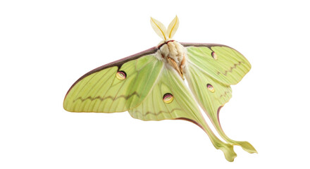 Isolated Luna moth, green insect with transparent wings, flying, detailed antenna and legs © Marigold