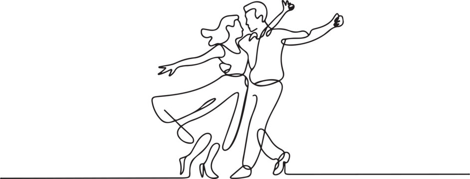 Single one line drawing husband and wife dancing. Like dancing ska. Following the trumpet beat. In rhythm. In tune. Pleasant. International Dance Day. one line Icon drawing