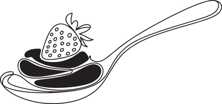 Single one line drawing spoon filled with chocolate and strawberry. One spoonful as a dessert. Delicious sweet food. Tasty. National Chocolate Mousse Day. one line Icon drawing