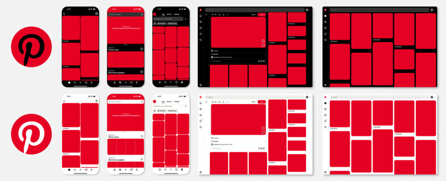 mockup showcasing the Pinterest application interface across both smartphone and tablet screens, including the Home, Search, and Pin detail views. Dark and Light mode.