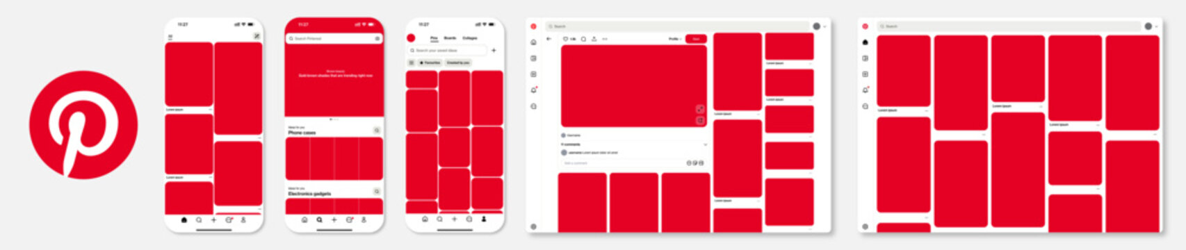 mockup showcasing the Pinterest application interface across both smartphone and tablet screens, including the Home, Search, and Pin detail views. Light mode.
