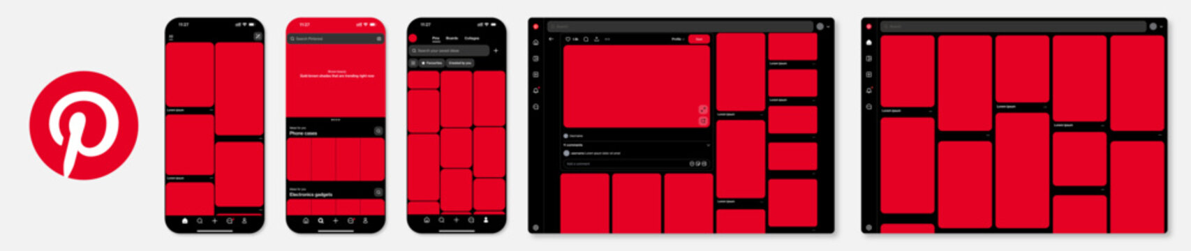 mockup showcasing the Pinterest application interface across both smartphone and tablet screens, including the Home, Search, and Pin detail views. Dark mode.