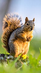 Fototapeta premium Fuzzy squirrel perched on a log amidst lush green grass, illuminated by warm sunlight