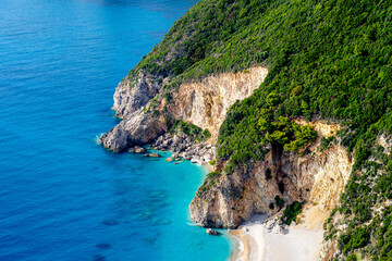 Turquoise water Ionian Sea on coast Greece, sea cliffs on holiday island Corfu on sunny summer day, Stelari Beach. © Tomasz