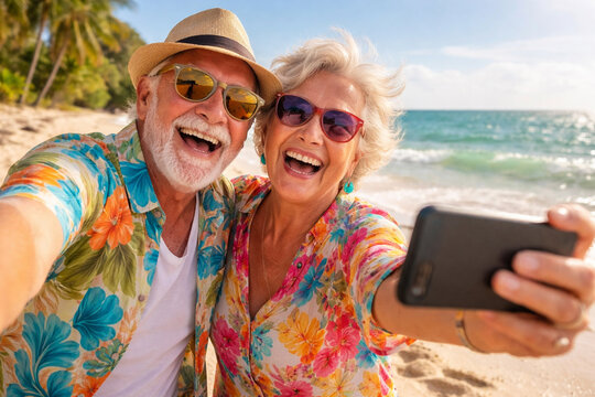 A senior couple enjoying a tropical getaway. Summer vibes, vacation, and a joyful, fulfilling retirement life.