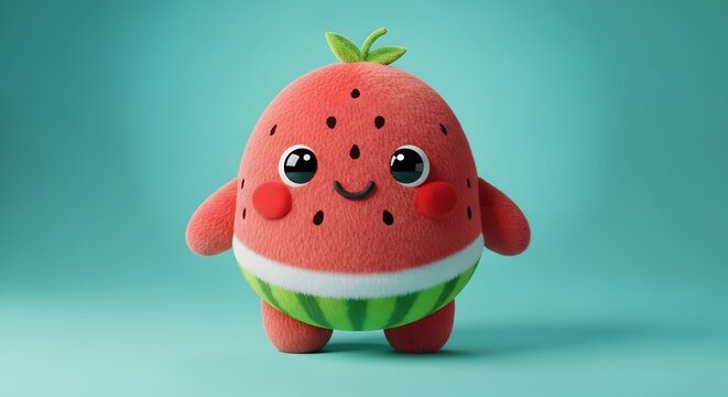 Fluffy watermelon character with a happy face. Cute summer fruit mascot for kids branding. Adorable 3D plush toy standing against a turquoise studio background