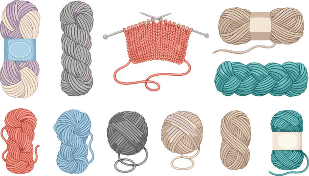 Knitting Yarn and Needles Collection Vector Illustration Set with Colorful Wool Skeins and Handmade Craft Supplies Isolated on White Background
