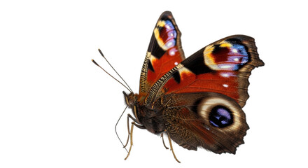 Isolated peacock butterfly with colorful wings facing right, close-up macro view shot © Marigold