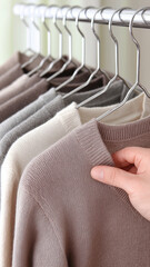 a hand is holding a sweater on a hanger in a rack