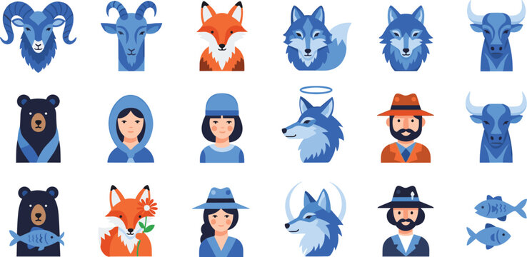 Flat Zodiac and Animal Character Collection Vector Illustration Set Featuring Ram Bull Bear Fox Wolf Fish and Human Avatars Isolated on White Background