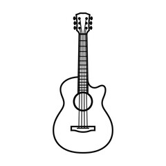 Obraz premium Classic acoustic guitar silhouette outline simple black and white line art drawing of a stringed musical instrument isolated on a clean white background representing music