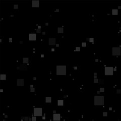 Seamless vector pattern of scattered gray squares on a black background. Minimalist geometric composition featuring varying sizes and transparency levels, creating a sense of depth 