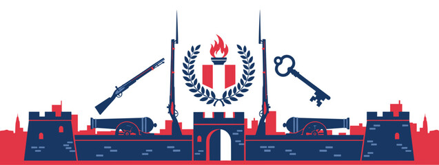 French Revolutionary Emblem with Bastille Fortress and Tricolor Laurel, Bastille Day 14 July Patriotic Banner Design