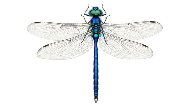 Isolated blue dragonfly with iridescent body and delicate wings on a clean background