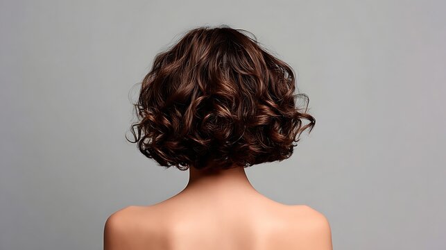 Back view of young brunette with short curly hair on gray background. Her hairstyle is a bob.