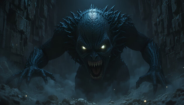 A dark creature with glowing eyes emerges from a mysterious and eerie environment