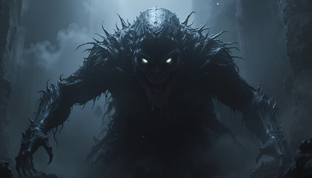 A dark and ominous creature lurks in a mysterious and eerie environment