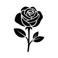A black and white illustration of a rose with intricate detailing and delicate leaves.