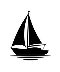 A sleek black and white sailboat gliding across calm waters under a clear sky.