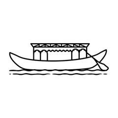 A traditional boat with a covered structure floating on calm waters.