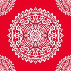 Intricate red and white mandala design with symmetrical patterns and floral motifs