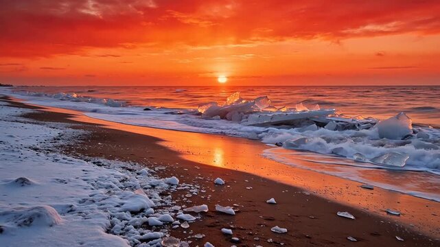 Snowy beach at sunset with ice chunks