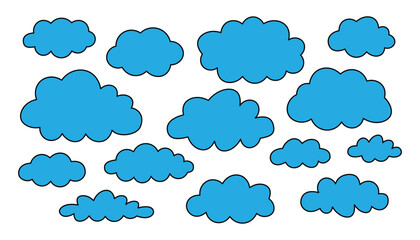 Blue flat cloud vector icons set on a white background