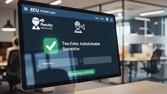 Digital screen displays two-factor authentication with icons and progress indicators