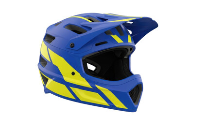 Naklejka premium Isolated blue helmet with yellow stripes for mountain bike riding, outdoor sport safety gear
