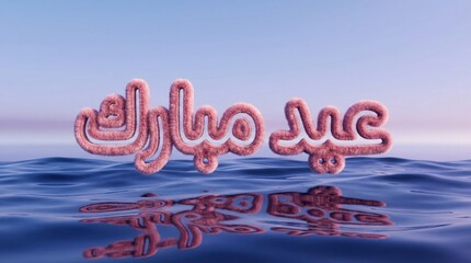 Arabic Eid Mubarak calligraphy in fluffy pink texture, floating on calm blue water with soft reflections.