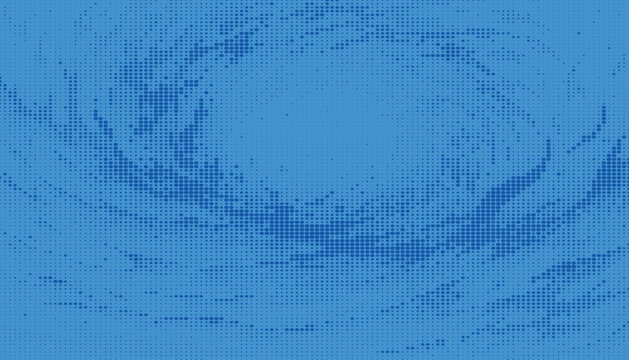 Abstract blue pixelated vortex pattern on a light blue background