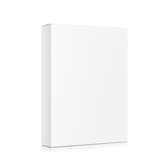 Realistic white closed paperboard box mockup. Half side views. Vector illustration isolated on white background. Taking your 2D designs into 3D. Can be use for food, pet food and etc. EPS10.