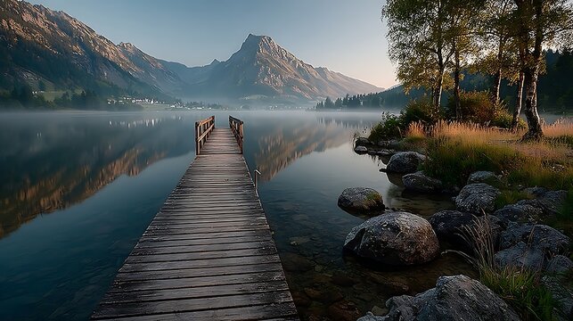 Wooden floating dock extending into misty alpine lake images