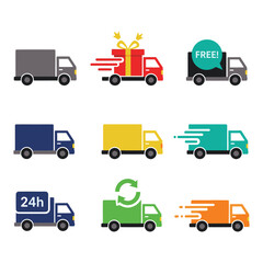 A collection of colorful delivery truck icons on a white background