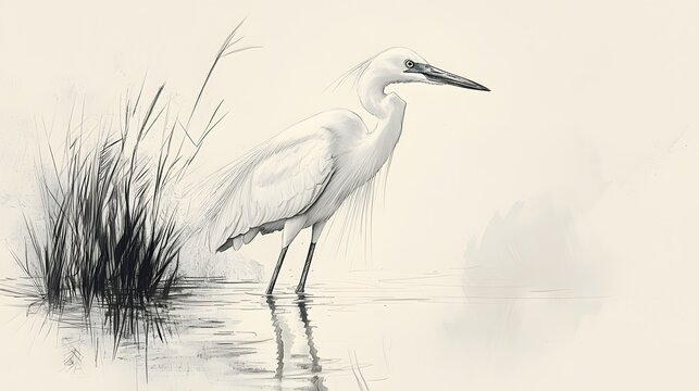 Elegant egret tranquil lake scene graphite drawing image