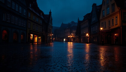 Fototapeta premium Charming cobblestone street illuminated by warm lights in a quiet historic town during the night with reflections in the wet pavement