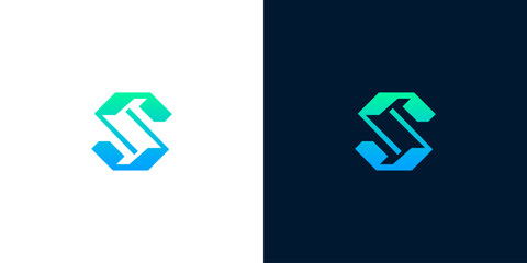 Abstract letter S logo design, modern minimalist geometric icon with gradient colors on white and dark backgrounds, clean professional branding element