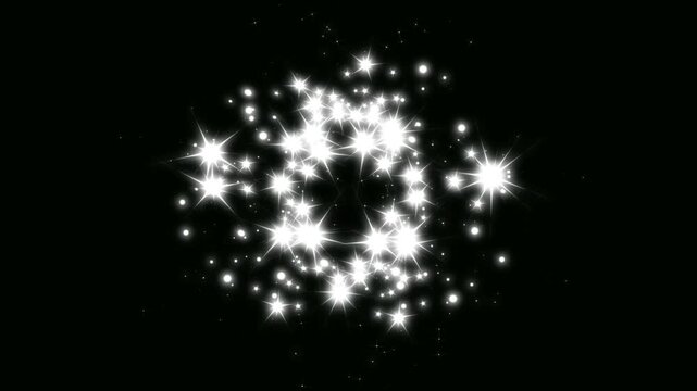 Shining glitter star sparkle animation, white glow fairy dust trail burst, dreamy twinkling shimmer particles overlay, magical light transition on black background cinematic. 4k video
