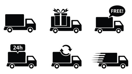 A collection of black truck icons representing delivery and shipping services