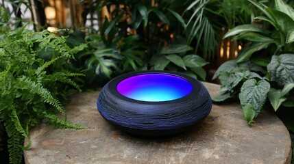 A glowing orb sits amongst lush green foliage on a rough stone surface