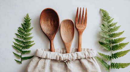 Wooden utensils and leafy green ferns on a white surface, presented for an eco-friendly aesthetic